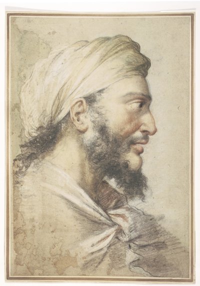 Head of a Bearded Man in Profile to the Right Wearing a Turban by Salvator Rosa