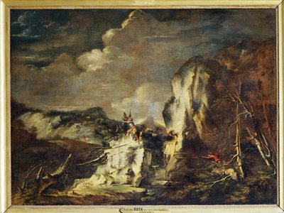 A Rocky Landscape with a Hunter and Warriors by Salvator Rosa