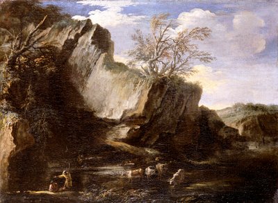 Rocky Landscape with Herdsmen and Cattle by Salvator Rosa