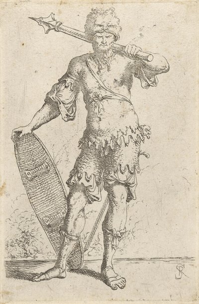 Standing Exotic Warrior Wearing a Lion-head Cap, Holding a Mace and Shield, c.1656-57 by Salvator Rosa