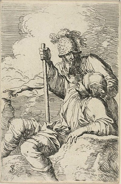 Three Warriors, one seated on a foreground rock holding a staff; the second standing behind him and pointing, the third seen as a face behind them, from Figurine series by Salvator Rosa