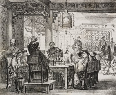 A rich Chinese banquet. Lithograph by Salvatore Puglia from Poliorama Pittoresco by Salvatore Puglia