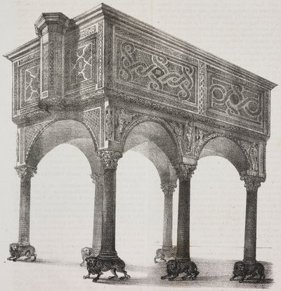 Ancient ambo in Sessa Aurunca cathedral, Campania, Italy, lithograph by Salvatore Puglia after drawing by Pasquale Mattei from Poliorama Pittoresco by Salvatore Puglia