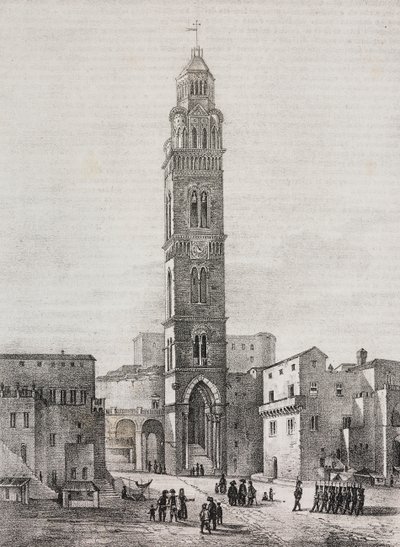 Bell tower of Gaeta cathedral, Lazio, Italia, lithograph by Salvatore Puglia after drawing by Pasquale Mattei, from Poliorama Pittoresco, n 48, July 6 by Salvatore Puglia