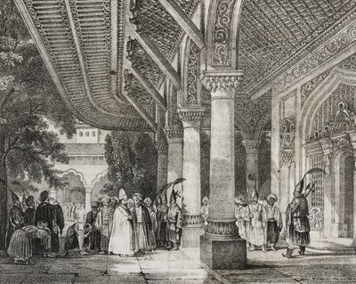 Entrance hall of Serraglio, Turkey, from story harem in East, lithograph from Poliorama Pittoresco by Salvatore Puglia