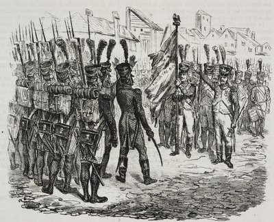 Flag of 84th regiment, lithograph by Salvatore Puglia from History of Napoleon by Cesare Malpica, from Poliorama Pittoresco, n 16, November 25 by Salvatore Puglia