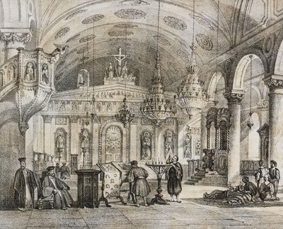 Interior of Greek church of Baloukli, near Constantinople, Turkey, lithograph by Salvatore Puglia from Poliorama Pittoresco, n 28, February 15 by Salvatore Puglia