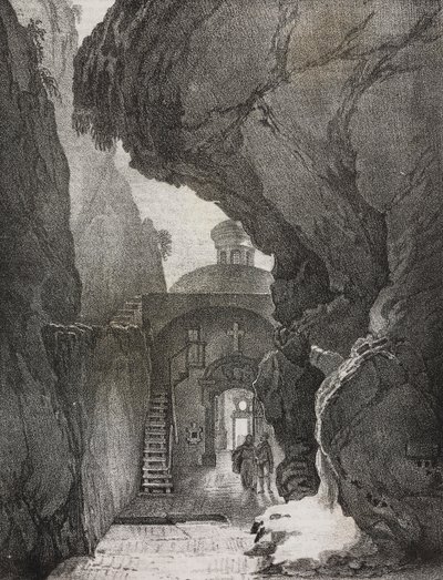 Sanctuary of the Holy Trinity or Sanctuary of the Split Mountain, Gaeta, Lazio, Italy. Lithograph by Salvatore Puglia from Poliorama Pittoresco by Salvatore Puglia