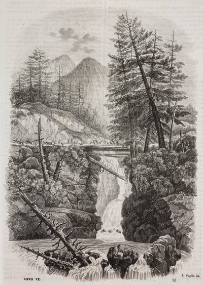 Suspension bridge over the Pyrenees mountains, Spain. Lithograph by Salvatore Puglia from Poliorama Pittoresco by Salvatore Puglia