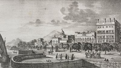 View of Bourbon Forum and Trinacria Hotel, Palermo, Sicily, Italy (lithograph) by Salvatore Puglia
