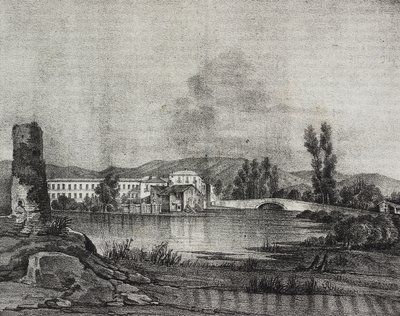 View of Santa Restituta Factory and Church on Banks of Fibreno River in Cornello, Lazio, Italy, from Poliorama Pittoresco, No. 16, November 26 by Salvatore Puglia