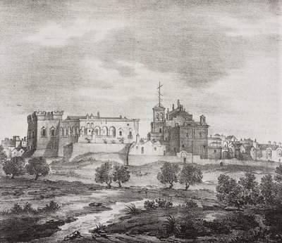 West view of Mesagne, Apulia, Italy. Lithograph by Salvatore Puglia from Poliorama Pittoresco by Salvatore Puglia
