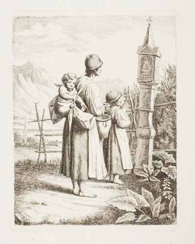 Beggar Woman with Two Children Standing in Front of a Madonna Picture on Their Way to Tyrol by Samuel Amsler