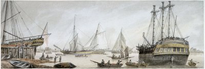 An Indiaman ship set up for repairs on the Thames, with a description of the ordinary activities of the Royal Shipyards at Deptford by Samuel Atkins