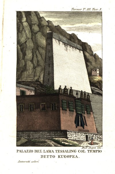 Dwelling of Tessaling Lama with the Religious Edifice Called Kugopea. Illustration by Lieutenant Samuel Davis from Captain Samuel Turner (1759-1802) Account of an Embassy to the Court of the Teshoo Lama in Tibet 1800. Copperplate Engraving by Dell