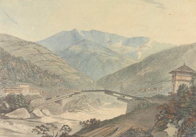 View near Tassisudon [Tashicho Dzong] in Bhutan by Samuel Davis