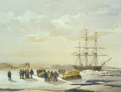 Sledge party leaving H.M.S. Investigator in Mercy Bay, 15th April 1853, engraved by E. Walker, published by Ackermann and Co., 1854 by Samuel Gurney Cresswell
