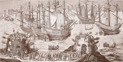 Henry VIII embarking at Dover, from the large print published by The Royal Society of Antiquities by Samuel Hieronymous Grimm