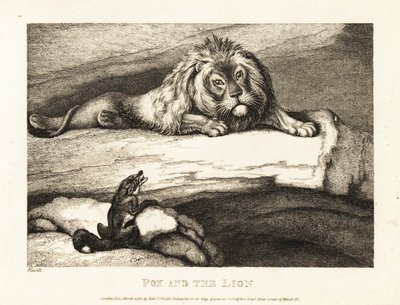 A fox foolishly approaching a male lion in his den by Samuel Howitt