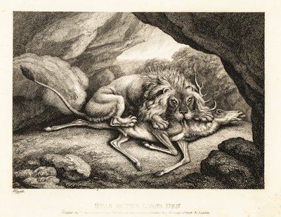 A lion eating the carcass of a stag in a cave by Samuel Howitt