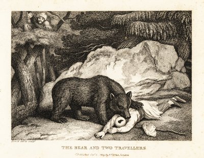 A traveller in turban plays dead while attacked by a bear by Samuel Howitt