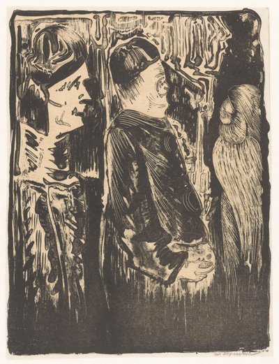 Fantasy: Two Figures with Hats on the Left, Scratched Appearance with Feathered Cloak on the Right by Samuel Jessurun de Mesquita (signed by artist)