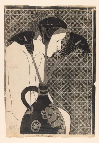 Female nude behind vase with calla lilies by Samuel Jessurun de Mesquita (signed by artist)