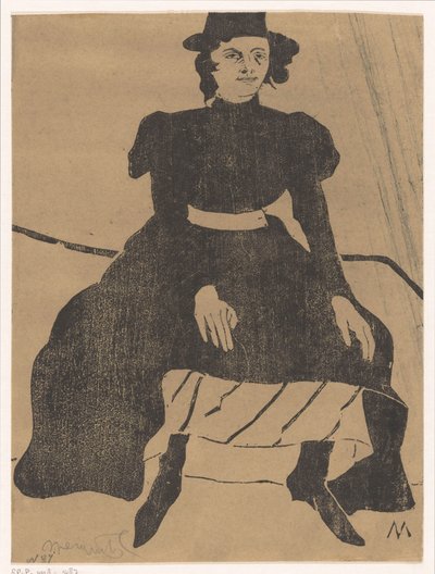Seated Woman with Hat and in Black Dress, Hands on Knees by Samuel Jessurun de Mesquita (signed by artist)