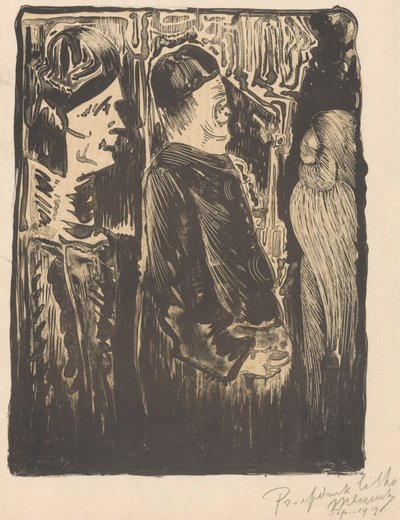 Fantasy: Two Figures with Hats on the Left, Scratched Appearance with Feathered Cloak on the Right by Samuel Jessurun de Mesquita