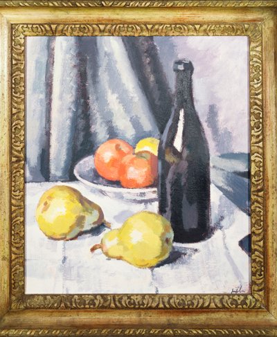 Apples, Pears and a Black Bottle on a Draped Table by Samuel John Peploe