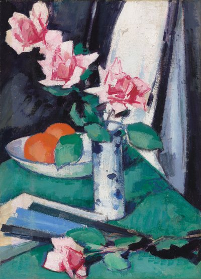 Still Life with Pink Roses and Oranges in a Blue and White Vase by Samuel John Peploe