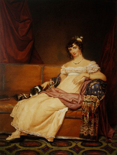Lady Waterhouse seated on a sofa with her spaniel by Samuel John Stump