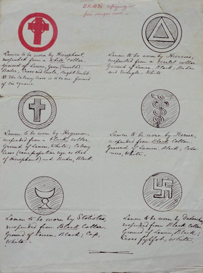 Designs for lamens (collar jewels) for the various officers of a Golden Dawn Temple, 1888 by Samuel Liddell MacGregor Mathers