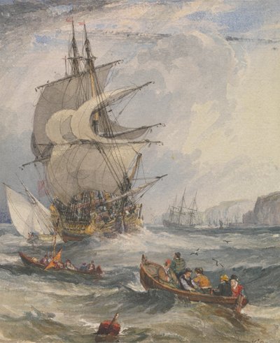 Sailing Ships and Small Boats in Rough Sea off the Coast by Samuel Owen