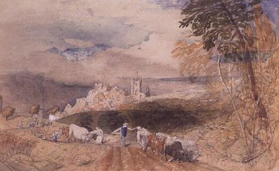 Hilly Landscape with Farmers Ploughing by Samuel Palmer