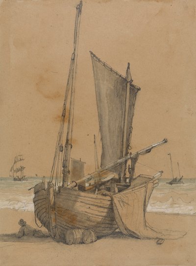 Fishing Boat on the Beach with a Brig at Sea by Samuel Prout