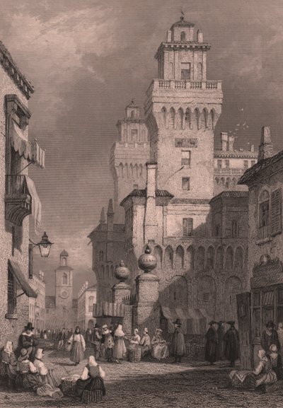 View of Castello Estense, Ferrara, Emilia-Romagna, Italy, Steel Engraving by John Godfrey after Drawing by Samuel Prout, Published by Blackie and Son by Samuel Prout