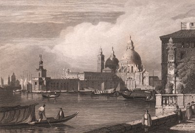 View of Grand Canal with Punta della Dogana and Basilica di Santa Maria della Salute in background, Venice, Veneto, Italy, steel engraving after drawing by Samuel Prout by Samuel Prout