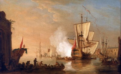 British warship firing the cannon to greet, upon arrival in port by Samuel Scott