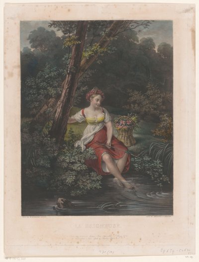Young Woman with Flower Crown and Feet in the Water by Samuel William Reynolds (I)