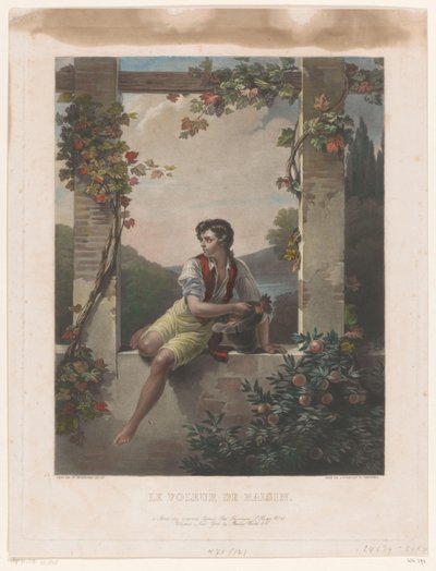 Boy with Hat Full of Grapes by Samuel William Reynolds (I)