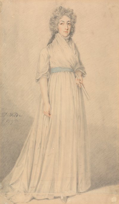 A Lady, full length, Wearing a Blue Sash and Holding a Fan by Samuel de Wilde