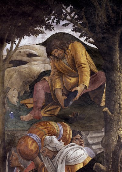 Story of the Life of Moses. Detail of Moses Putting on His Shoes. Painting by Alessandro di Mariano dei Filipepi known as Sandro Botticelli (1445-1510). Fresco by Sandro Botticelli