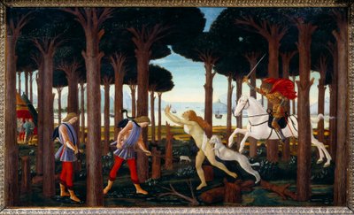 History of Nastagio degli Onesti: Meeting with the Damned of the Pine Forest (First Panel) by Sandro Botticelli