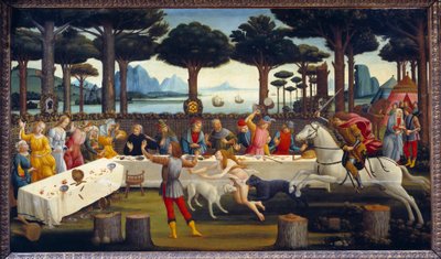 Story of Nastagio degli Onesti: Banquet in the Pine Forest, Third Panel in a Series of Four by Sandro Botticelli