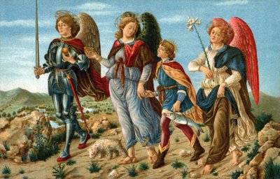 The Three Archangels and Tobie. The Angels Raphael, Gabriel and Michael accompanying young Tobie. Chromolithography made around 1900 for postcard according to the painting by Sandro Botticelli by Sandro (after) Botticelli