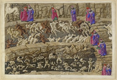 The Divine Comedy, Inferno XVIII. Virgil and Dante in the Eighth Circle of Hell (Malebolge), 1st and 2nd Bolgia: Punishment of the Panderers and Seducers, the Flatterers and Whores by Sandro Botticelli