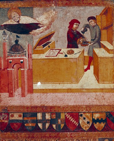 The camerlinguist symbolically washes his hands while the benevolent and protective Virgin flies over the city of Siena (detail) by Sano di also Ansano di Pietro di Mencio Pietro