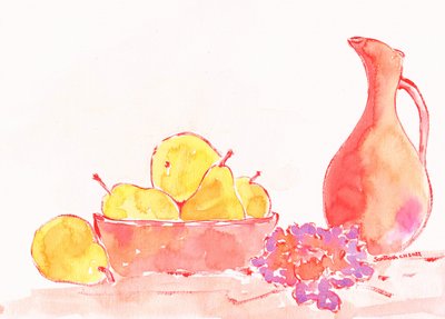 Watercolor Pears and Pitcher by Santhosh ch