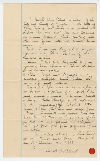 Last will and testament of Sarah Ann Blunt Crozley, October 1898 by Sarah Ann Blunt Crozley